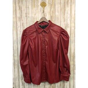 New York & Company Red Faux Leather Puff Sleeve Snap Jacket Large NWT